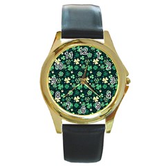 Shamrock Pattern Pink Blue Metallic Pattern Round Gold Metal Watch by designsbymallika