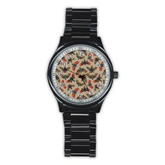 Dragonfly Pattern Stainless Steel Round Watch by designsbymallika