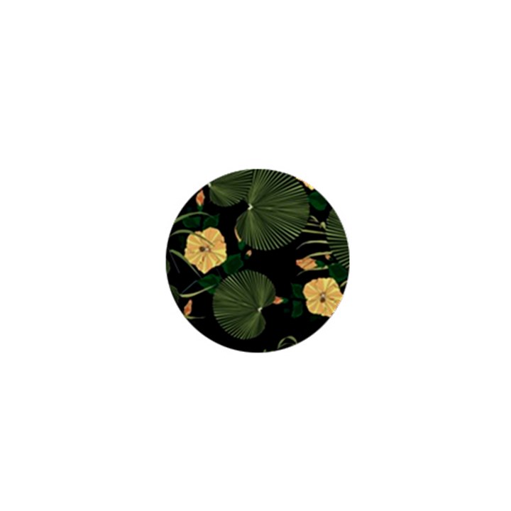 Tropical vintage yellow hibiscus floral green leaves seamless pattern black background. 1  Mini Buttons