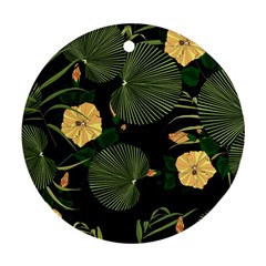 Tropical Vintage Yellow Hibiscus Floral Green Leaves Seamless Pattern Black Background  Ornament (round) by Sobalvarro