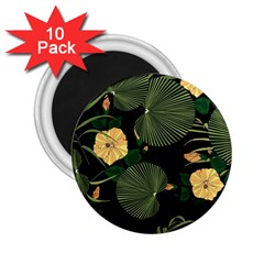 Tropical Vintage Yellow Hibiscus Floral Green Leaves Seamless Pattern Black Background  2 25  Magnets (10 Pack)  by Sobalvarro