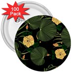 Tropical vintage yellow hibiscus floral green leaves seamless pattern black background. 3  Buttons (100 pack)  Front