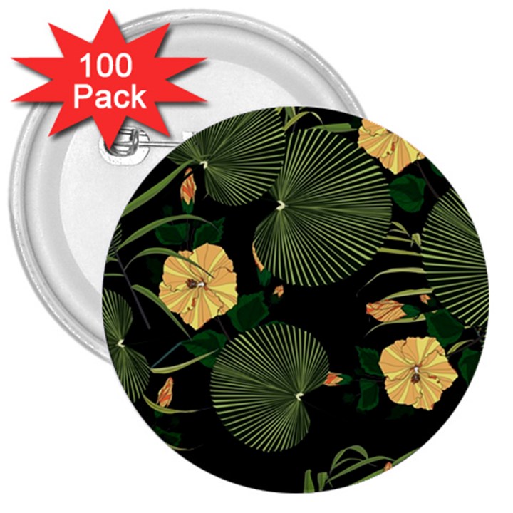 Tropical vintage yellow hibiscus floral green leaves seamless pattern black background. 3  Buttons (100 pack) 