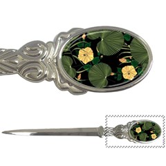 Tropical Vintage Yellow Hibiscus Floral Green Leaves Seamless Pattern Black Background  Letter Opener by Sobalvarro