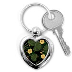 Tropical vintage yellow hibiscus floral green leaves seamless pattern black background. Key Chain (Heart) Front