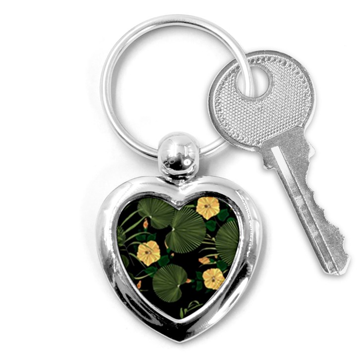 Tropical vintage yellow hibiscus floral green leaves seamless pattern black background. Key Chain (Heart)