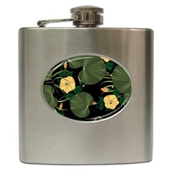 Tropical Vintage Yellow Hibiscus Floral Green Leaves Seamless Pattern Black Background  Hip Flask (6 Oz) by Sobalvarro