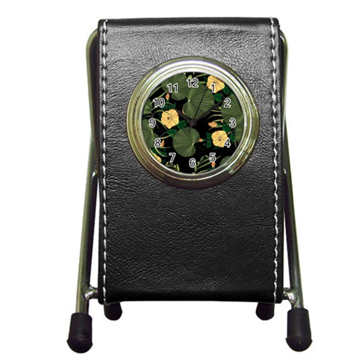 Tropical vintage yellow hibiscus floral green leaves seamless pattern black background. Pen Holder Desk Clock