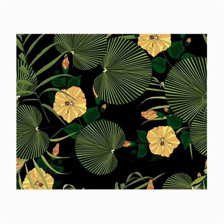 Tropical vintage yellow hibiscus floral green leaves seamless pattern black background. Small Glasses Cloth