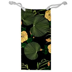 Tropical Vintage Yellow Hibiscus Floral Green Leaves Seamless Pattern Black Background  Jewelry Bag by Sobalvarro