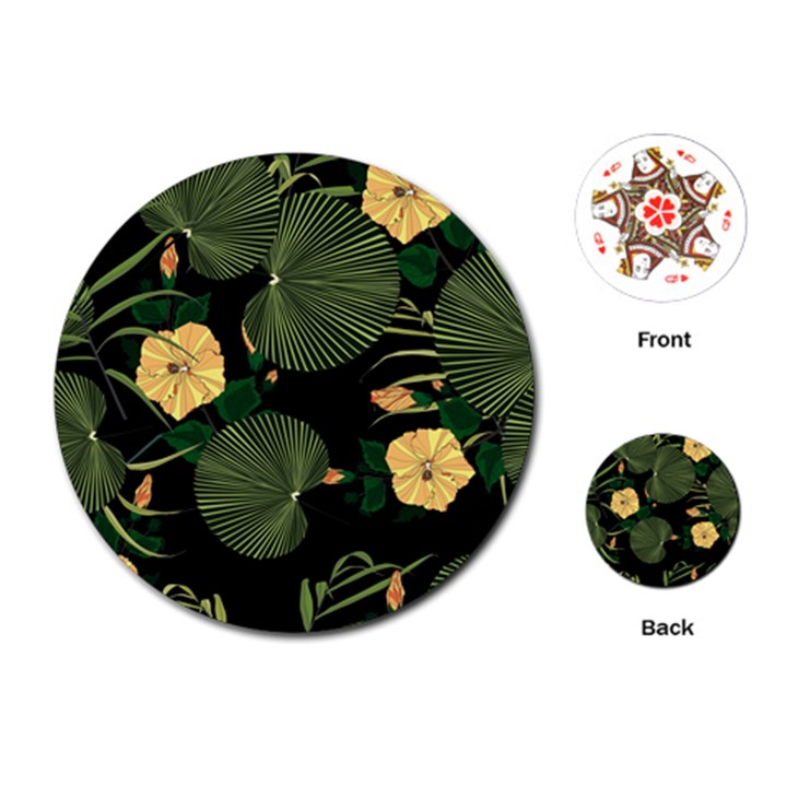 Tropical vintage yellow hibiscus floral green leaves seamless pattern black background. Playing Cards Single Design (Round)