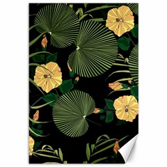 Tropical Vintage Yellow Hibiscus Floral Green Leaves Seamless Pattern Black Background  Canvas 12  X 18  by Sobalvarro