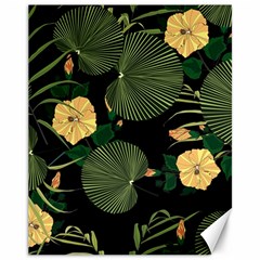 Tropical Vintage Yellow Hibiscus Floral Green Leaves Seamless Pattern Black Background  Canvas 11  X 14  by Sobalvarro