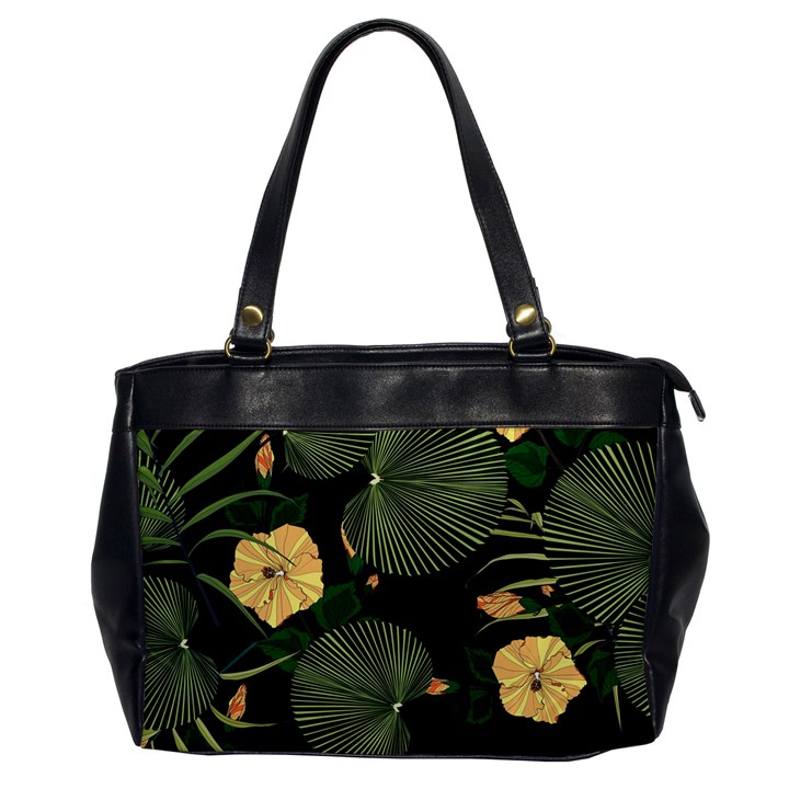 Tropical vintage yellow hibiscus floral green leaves seamless pattern black background. Oversize Office Handbag