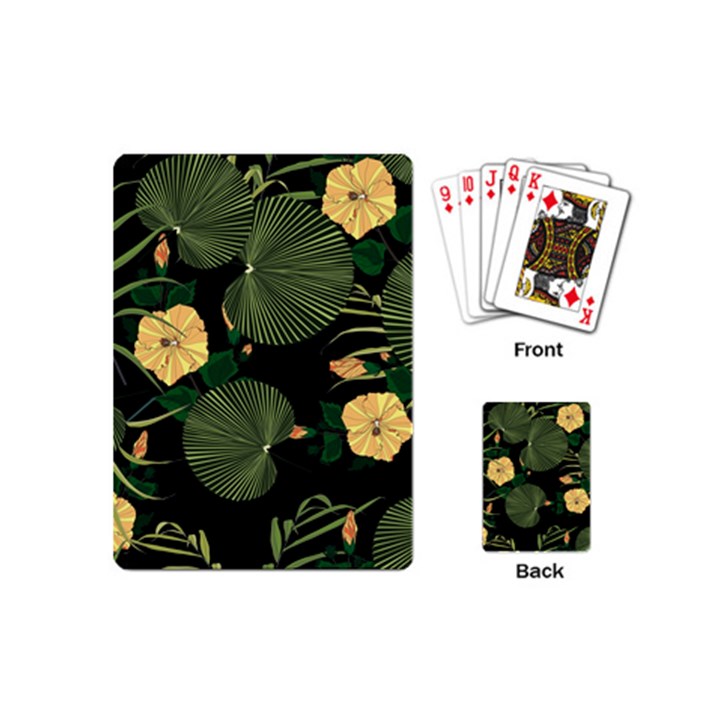 Tropical vintage yellow hibiscus floral green leaves seamless pattern black background. Playing Cards Single Design (Mini)