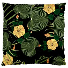 Tropical Vintage Yellow Hibiscus Floral Green Leaves Seamless Pattern Black Background  Large Cushion Case (two Sides) by Sobalvarro