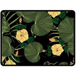 Tropical vintage yellow hibiscus floral green leaves seamless pattern black background. Double Sided Fleece Blanket (Large)  80 x60  Blanket Front