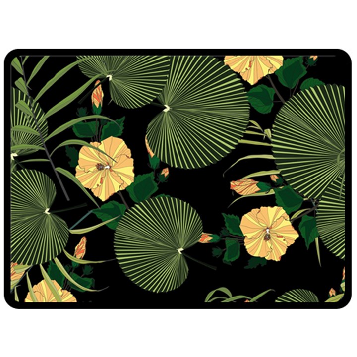 Tropical vintage yellow hibiscus floral green leaves seamless pattern black background. Double Sided Fleece Blanket (Large) 