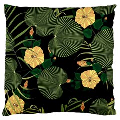 Tropical Vintage Yellow Hibiscus Floral Green Leaves Seamless Pattern Black Background  Large Flano Cushion Case (one Side) by Sobalvarro