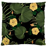 Tropical vintage yellow hibiscus floral green leaves seamless pattern black background. Large Flano Cushion Case (Two Sides) Front