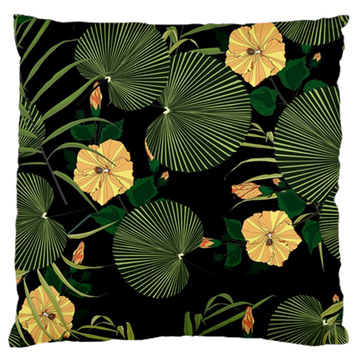 Tropical vintage yellow hibiscus floral green leaves seamless pattern black background. Large Flano Cushion Case (Two Sides)