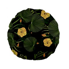 Tropical Vintage Yellow Hibiscus Floral Green Leaves Seamless Pattern Black Background  Standard 15  Premium Flano Round Cushions by Sobalvarro