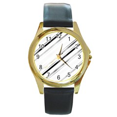 High Contrast Minimalist Black And White Modern Abstract Linear Geometric Style Design Round Gold Metal Watch