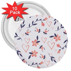 Flowers And Hearts 3  Buttons (10 Pack)  by Sobalvarro