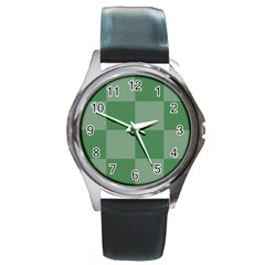 Green Gingham Check Squares Pattern Round Metal Watch by yoursparklingshop