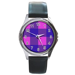 Blue And Pink Buffalo Plaid Check Squares Pattern Round Metal Watch by yoursparklingshop