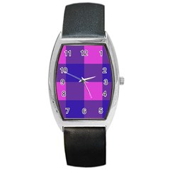 Blue And Pink Buffalo Plaid Check Squares Pattern Barrel Style Metal Watch by yoursparklingshop