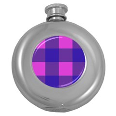 Blue And Pink Buffalo Plaid Check Squares Pattern Round Hip Flask (5 Oz) by yoursparklingshop