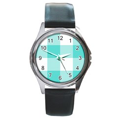 Turquoise And White Buffalo Check Round Metal Watch by yoursparklingshop