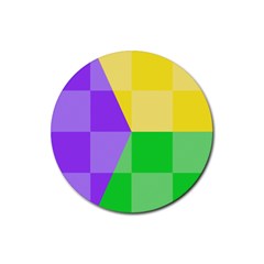 Purple Yellow Green Check Squares Pattern Mardi Gras Rubber Round Coaster (4 Pack)  by yoursparklingshop