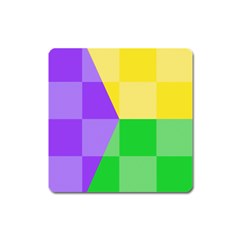 Purple Yellow Green Check Squares Pattern Mardi Gras Square Magnet by yoursparklingshop