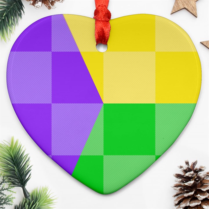 Purple Yellow Green Check Squares Pattern Mardi Gras Heart Ornament (Two Sides)