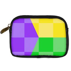 Purple Yellow Green Check Squares Pattern Mardi Gras Digital Camera Leather Case by yoursparklingshop