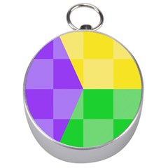 Purple Yellow Green Check Squares Pattern Mardi Gras Silver Compasses by yoursparklingshop