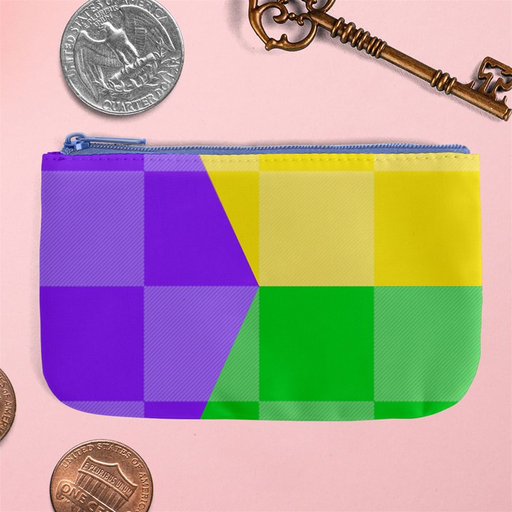 Purple Yellow Green Check Squares Pattern Mardi Gras Large Coin Purse