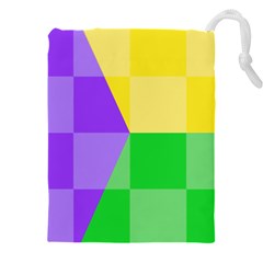 Purple Yellow Green Check Squares Pattern Mardi Gras Drawstring Pouch (4xl) by yoursparklingshop