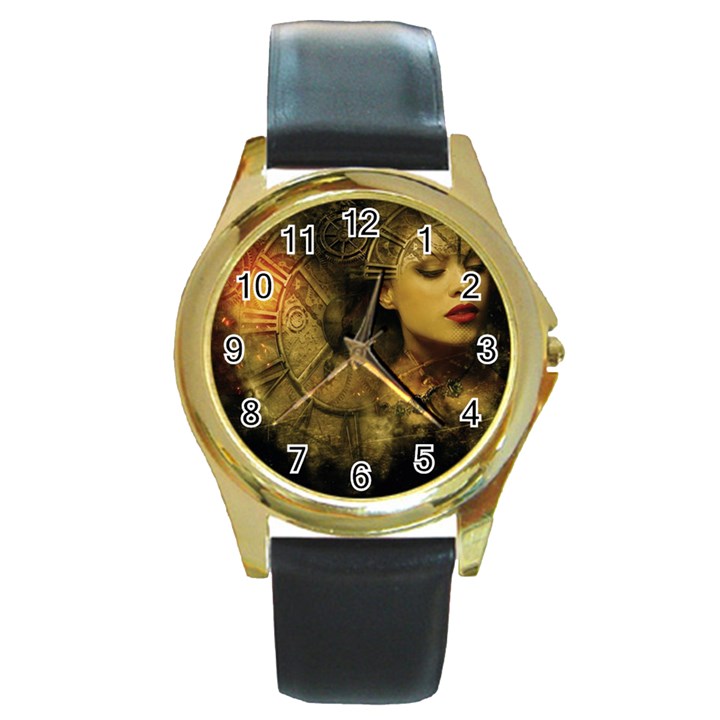 Surreal Steampunk Queen From Fonebook Round Gold Metal Watch