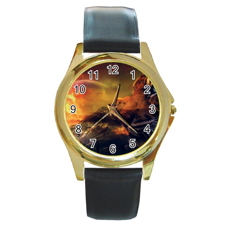 Tiger King In A Fantastic Landscape From Fonebook Round Gold Metal Watch