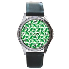 Tropical Leaf Pattern Round Metal Watch by Dutashop