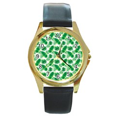 Tropical Leaf Pattern Round Gold Metal Watch by Dutashop