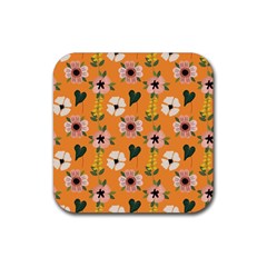 Flower Orange Pattern Floral Rubber Coaster (square)  by Dutashop