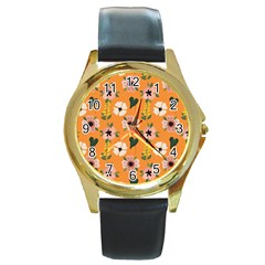 Flower Orange Pattern Floral Round Gold Metal Watch by Dutashop