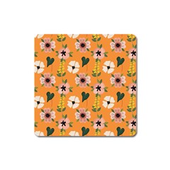 Flower Orange Pattern Floral Square Magnet by Dutashop