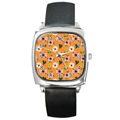 Flower Orange Pattern Floral Square Metal Watch