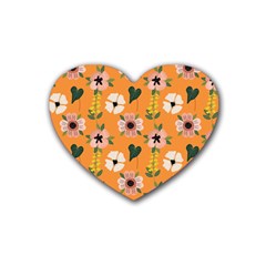 Flower Orange Pattern Floral Rubber Coaster (heart)  by Dutashop