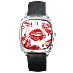 Red Lipsticks Lips Make Up Makeup Square Metal Watch by Dutashop